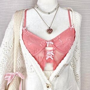 ♡ pink floral lace corset style crop top with bow detailing and garter straps ♡